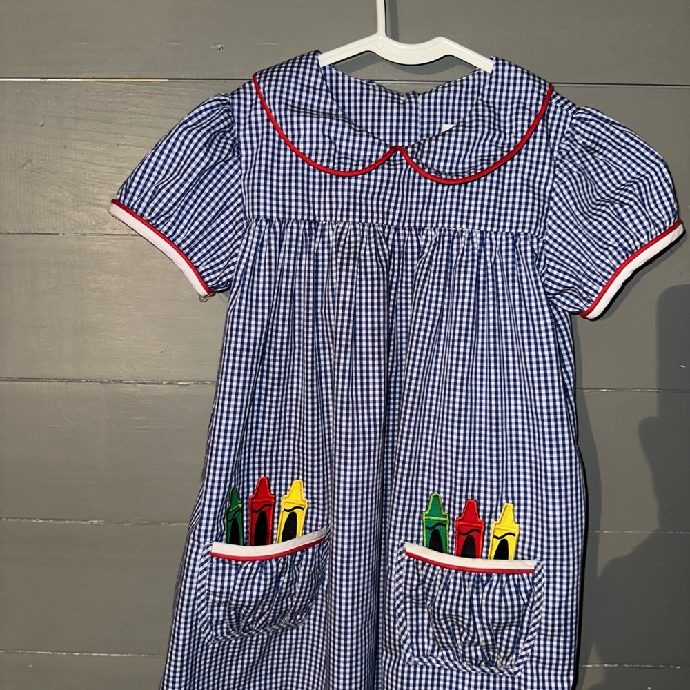 Blue Gingham Dress with Red Trim